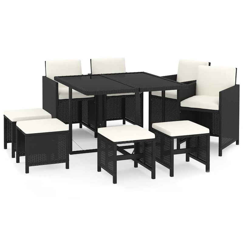 Set mobilier de grădină cu perne, 9 piese, negru, poliratan