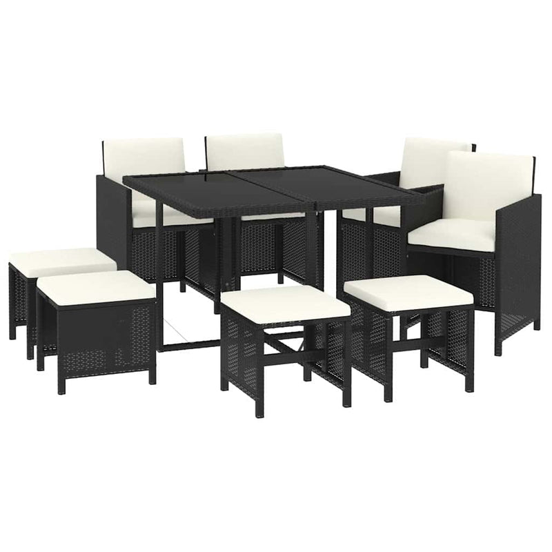 Set mobilier de grădină cu perne, 9 piese, negru, poliratan