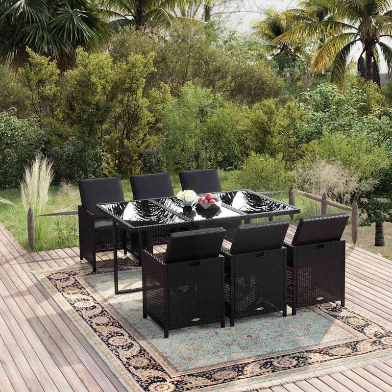 Set mobilier de grădină cu perne, 7 piese, negru, poliratan