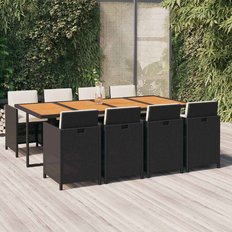 Set mobilier de grădină cu perne, 9 piese, negru, poliratan