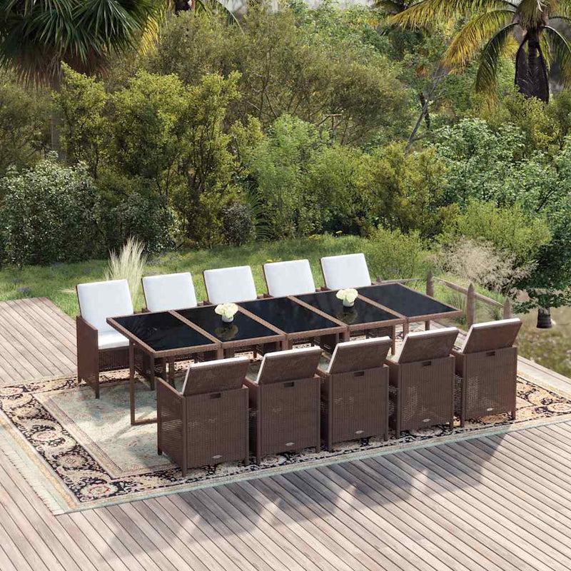 Set mobilier de exterior cu perne, 11 piese, maro, poliratan
