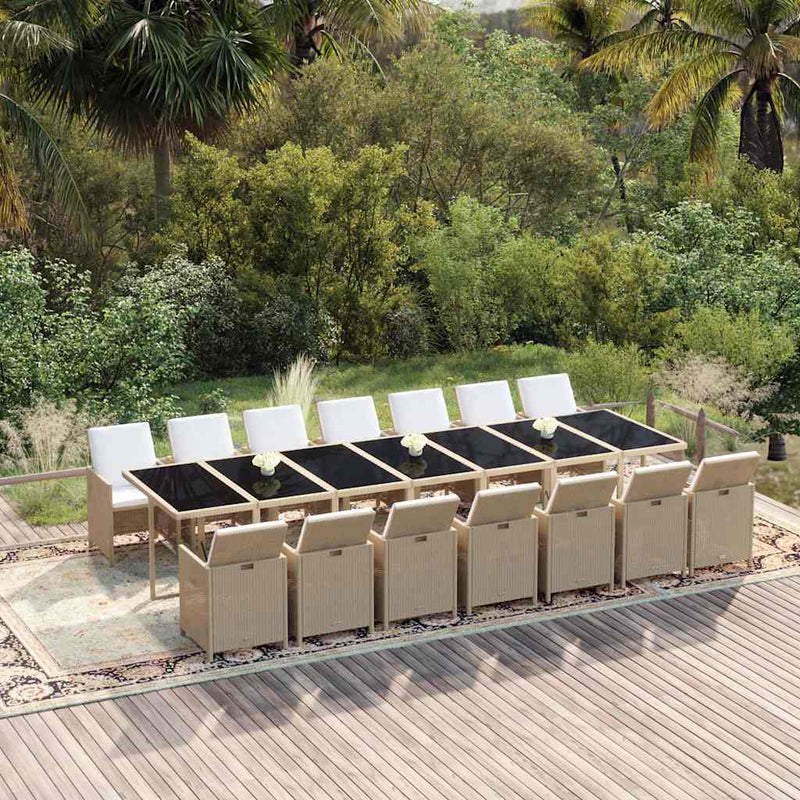 Set mobilier de exterior cu perne, 15 piese, bej, poliratan