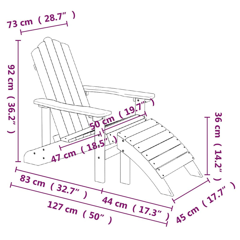 Scaune de grădină Adirondack cu taburete, 2 buc., alb, HDPE