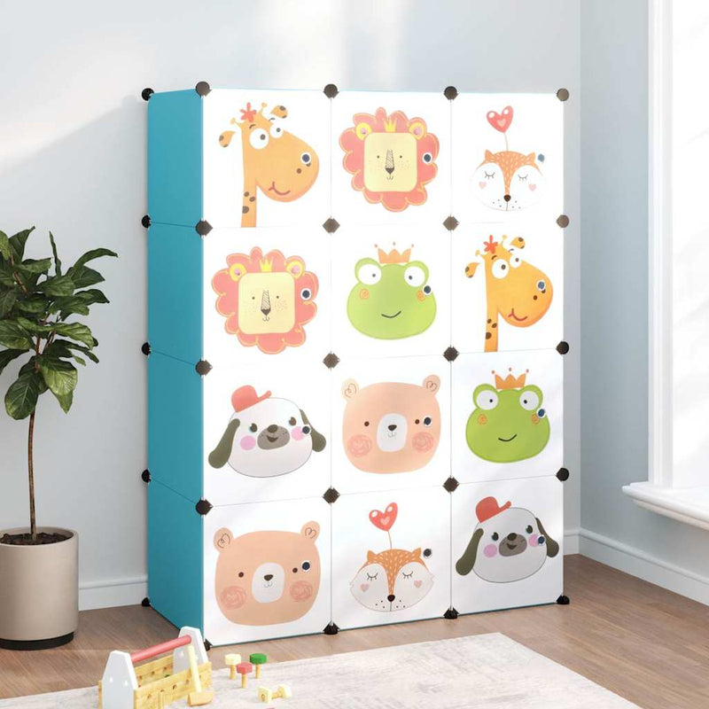Dulap de depozitare cub pentru copii, 12 cuburi, albastru, PP