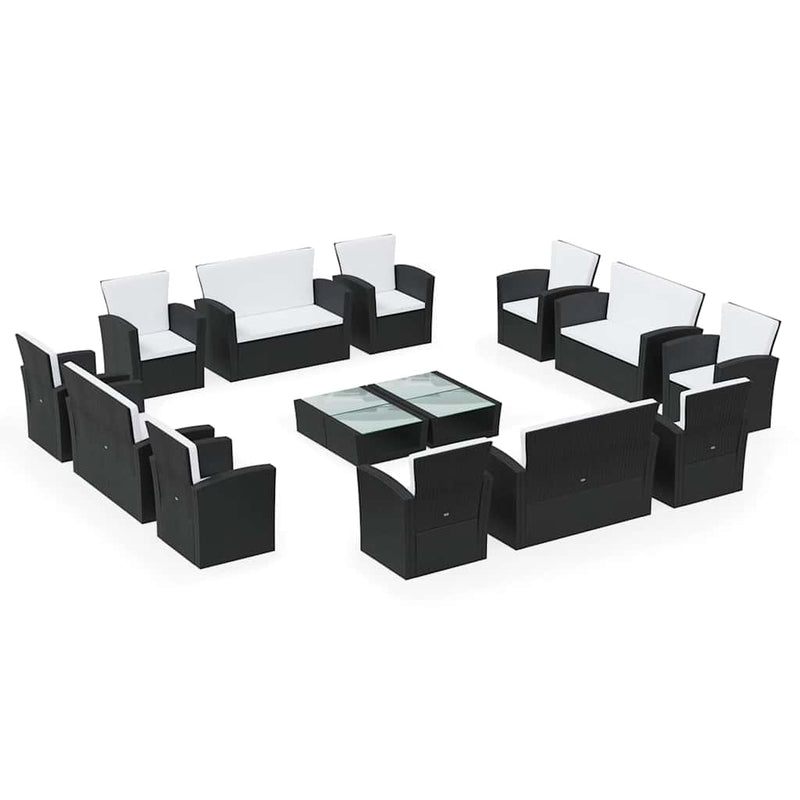 Set mobilier de grădină cu perne, 16 piese, negru, poliratan