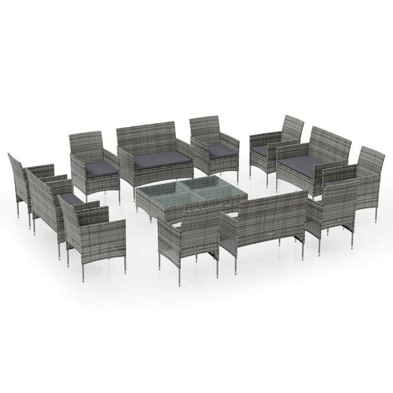 Set mobilier de grădină cu perne, 16 piese, gri, poliratan