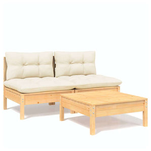 Set mobilier grădină cu perne crem, 3 piese, lemn de pin