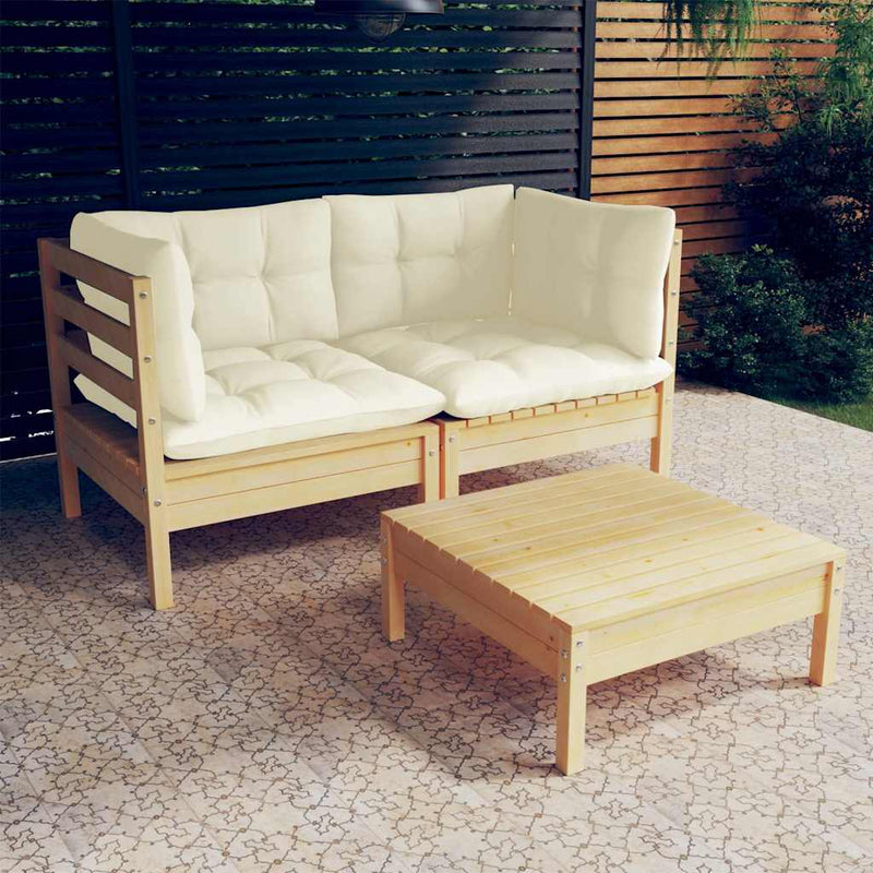 Set mobilier grădină cu perne crem, 3 piese, lemn de pin