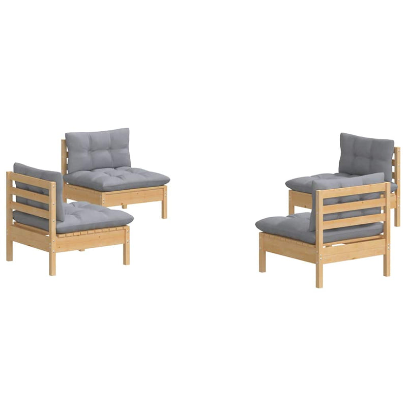 Set mobilier grădină cu perne, 4 piese, gri, lemn de pin