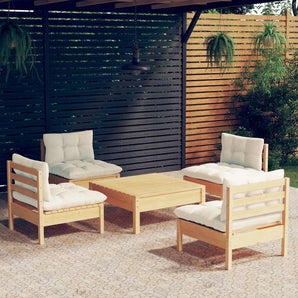 Set mobilier grădină cu perne crem, 5 piese, lemn de pin
