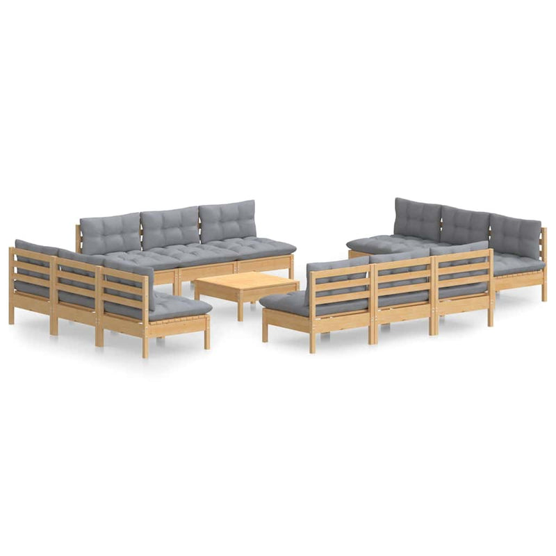 Set mobilier grădină cu perne, 13 piese, gri, lemn de pin