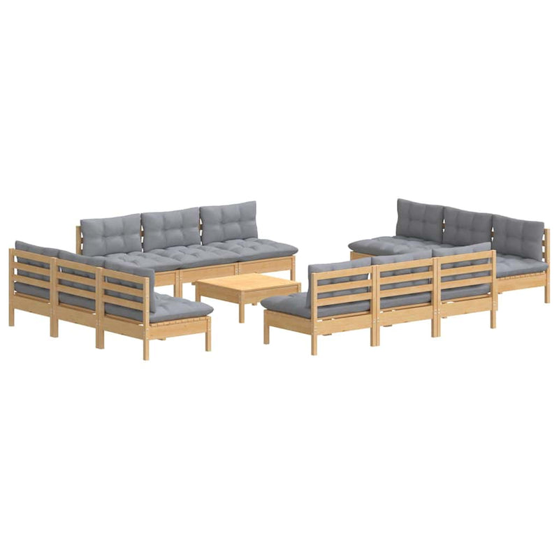 Set mobilier grădină cu perne, 13 piese, gri, lemn de pin