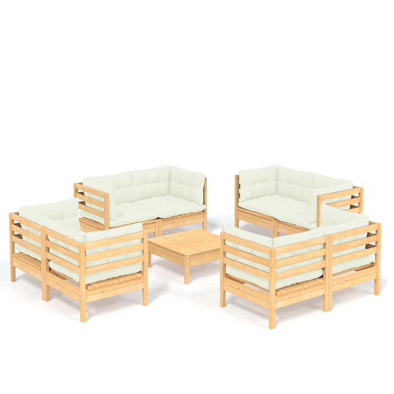 Set mobilier grădină cu perne, 9 piese, crem, lemn de pin