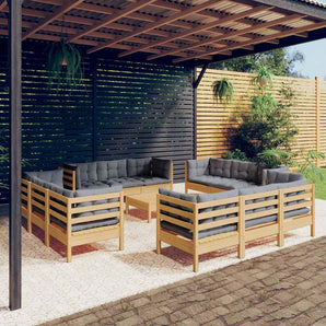 Set mobilier grădină cu perne, 13 piese, gri, lemn de pin