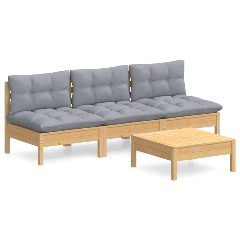 Set mobilier grădină cu perne, 4 piese, gri, lemn de pin