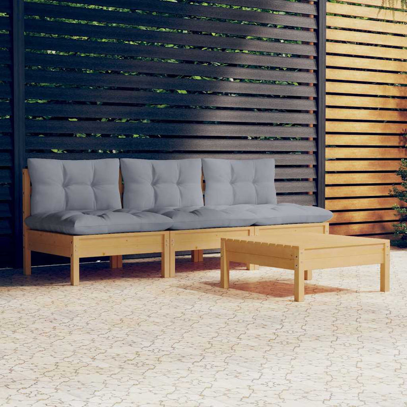 Set mobilier grădină cu perne, 4 piese, gri, lemn de pin