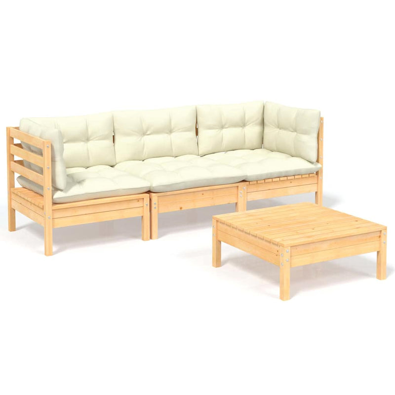 Set mobilier grădină cu perne crem, 4 piese, lemn de pin