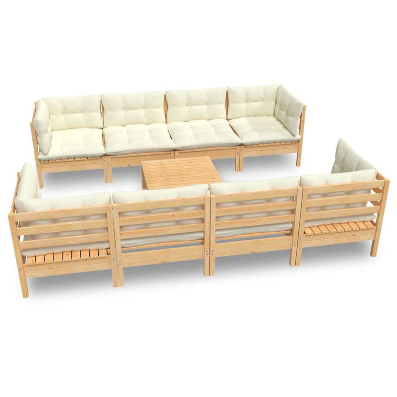 Set mobilier grădină cu perne crem, 9 piese, lemn de pin