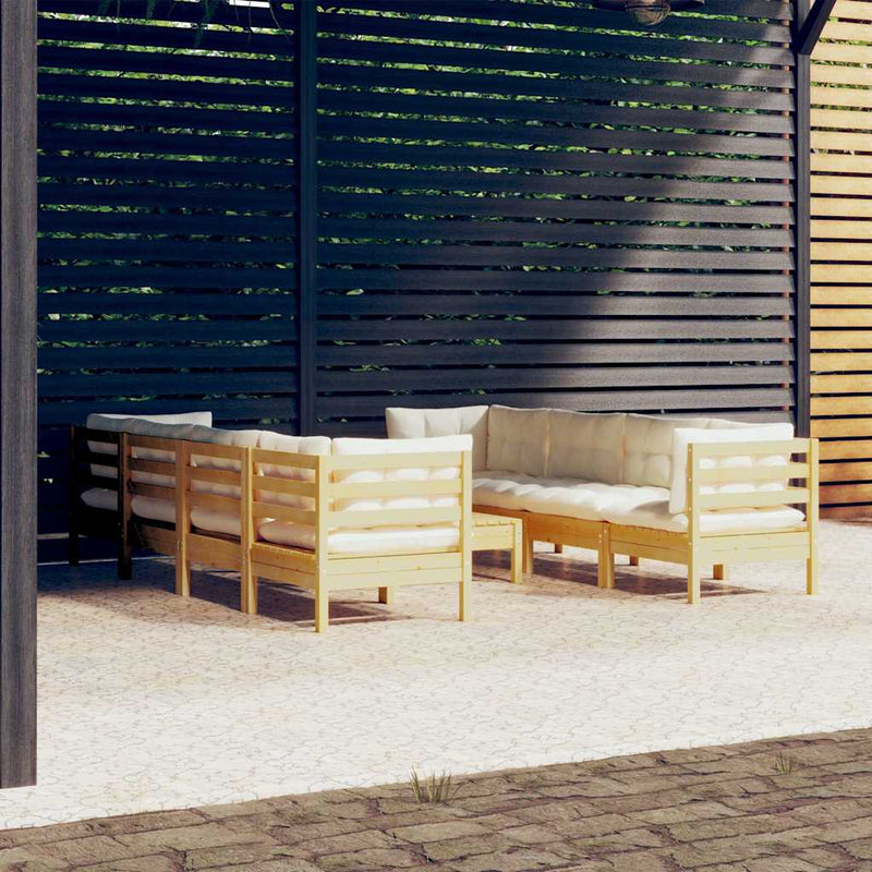 Set mobilier grădină cu perne crem, 9 piese, lemn de pin