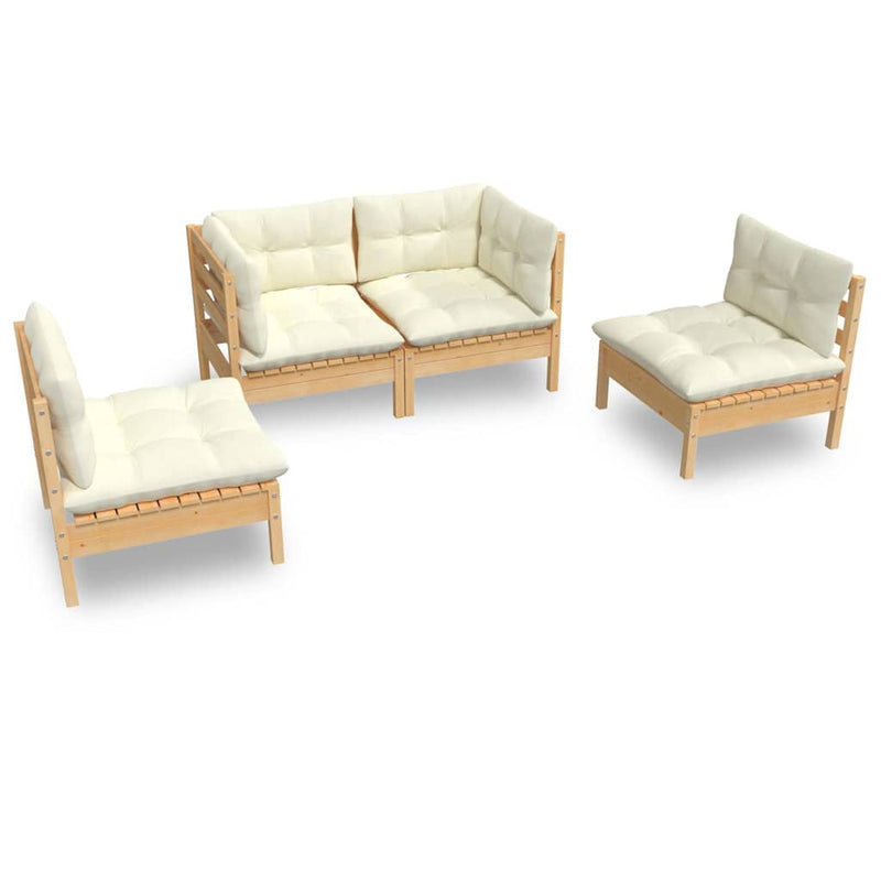 Set mobilier grădină cu perne crem, 4 piese, lemn de pin