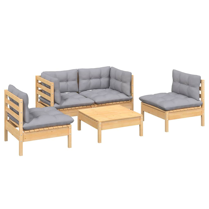 Set mobilier de grădină cu perne gri, 5 piese, lemn masiv pin
