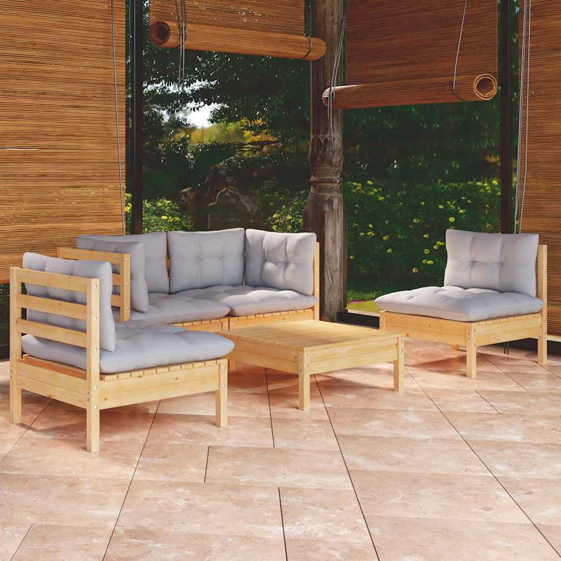 Set mobilier de grădină cu perne gri, 5 piese, lemn masiv pin