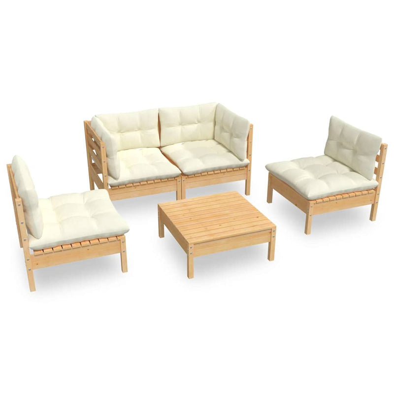 Set mobilier grădină cu perne, 5 piese, crem, lemn de pin
