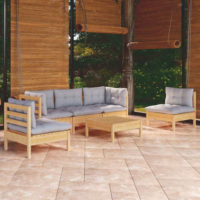 Set mobilier grădină cu perne gri, 6 piese, lemn de pin