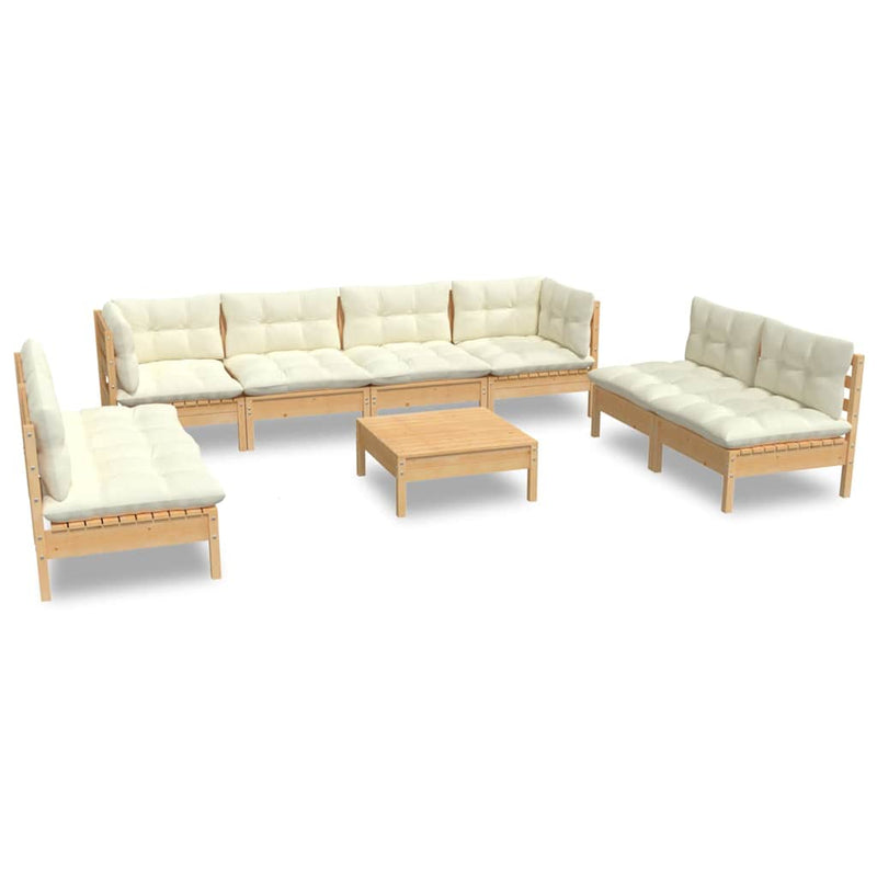 Set mobilier grădină cu perne crem, 9 piese, lemn de pin