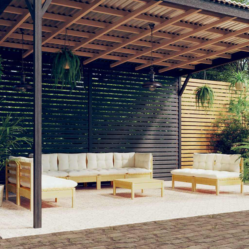 Set mobilier grădină cu perne crem, 9 piese, lemn de pin