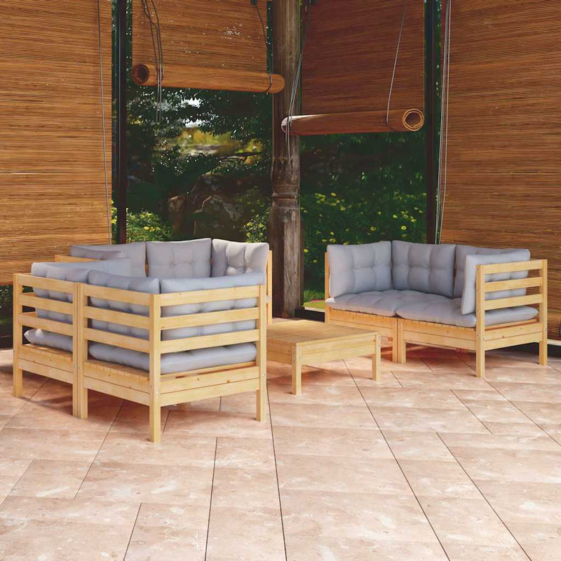 Set mobilier grădină cu perne gri, 7 piese, lemn masiv de pin