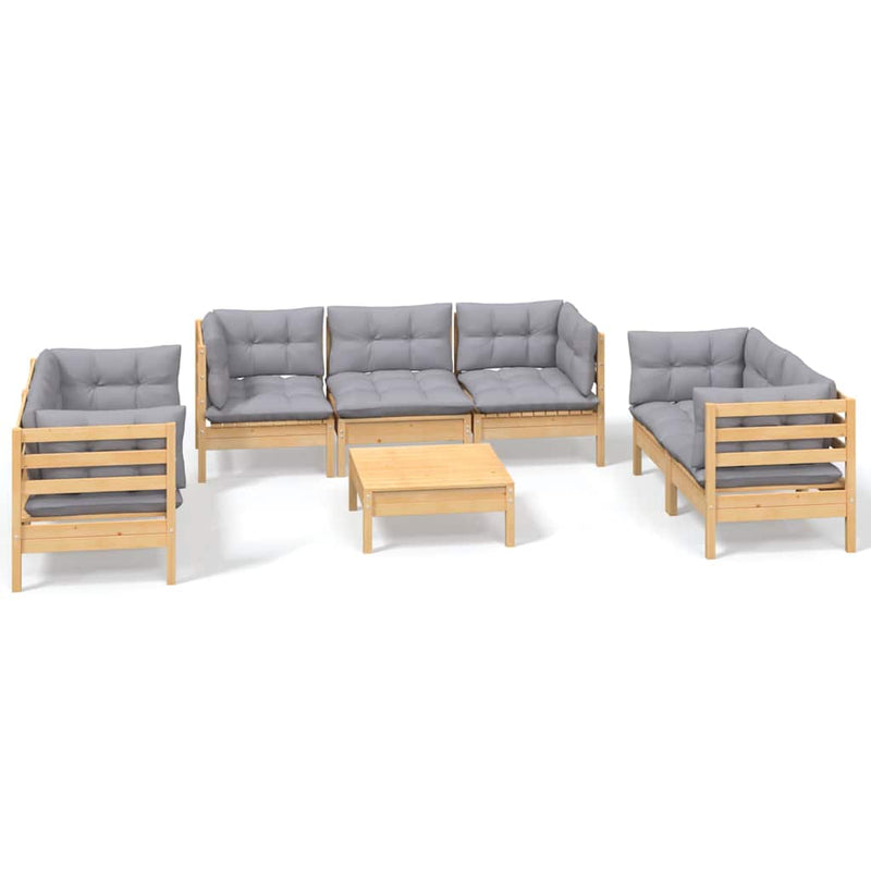 Set mobilier de grădină cu perne gri, 8 piese, lemn masiv pin