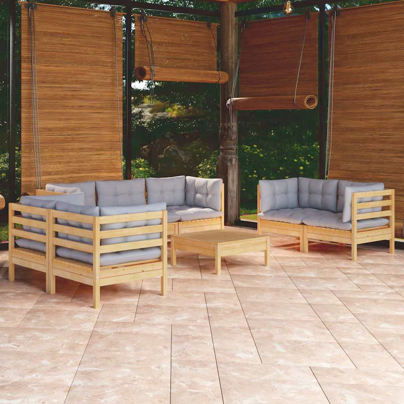 Set mobilier de grădină cu perne gri, 8 piese, lemn masiv pin