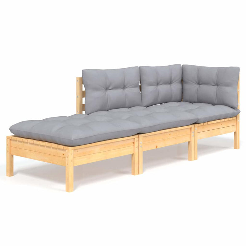 Set mobilier grădină cu perne, 3 piese, gri, lemn masiv pin