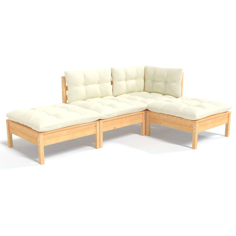 Set mobilier grădină cu perne crem, 4 piese, lemn de pin