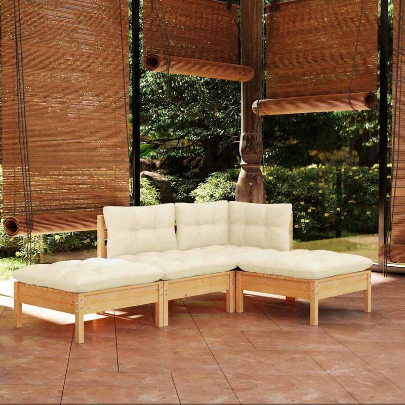 Set mobilier grădină cu perne crem, 4 piese, lemn de pin