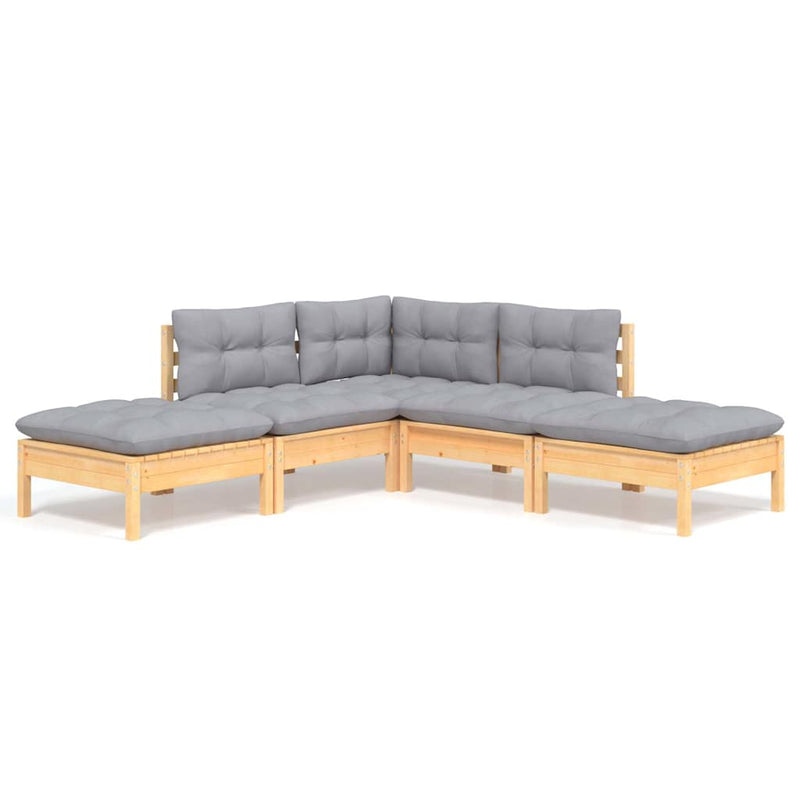 Set mobilier grădină cu perne gri, 5 piese, lemn masiv de pin