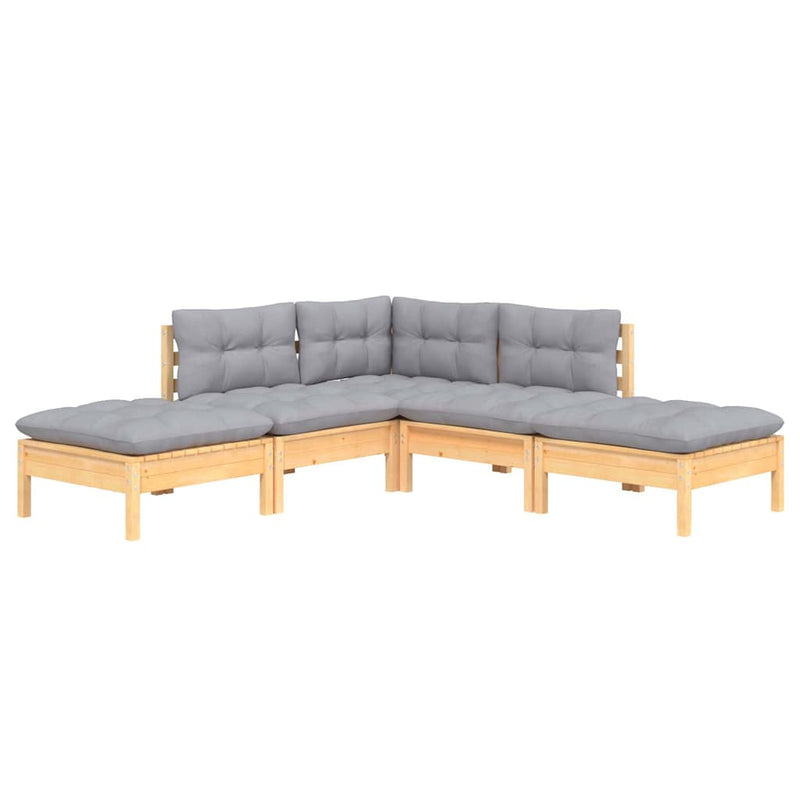 Set mobilier grădină cu perne gri, 5 piese, lemn masiv de pin