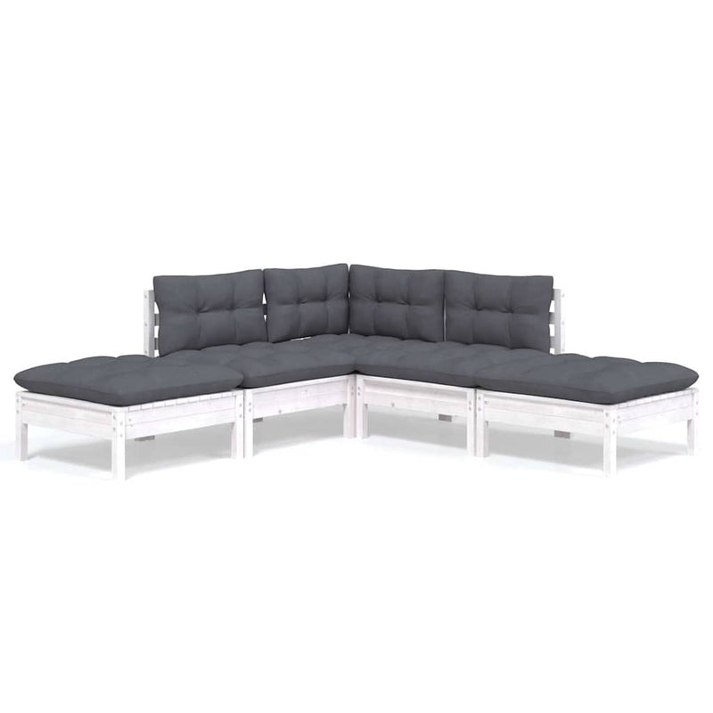 Set mobilier grădină cu perne, 5 piese, alb, lemn de pin