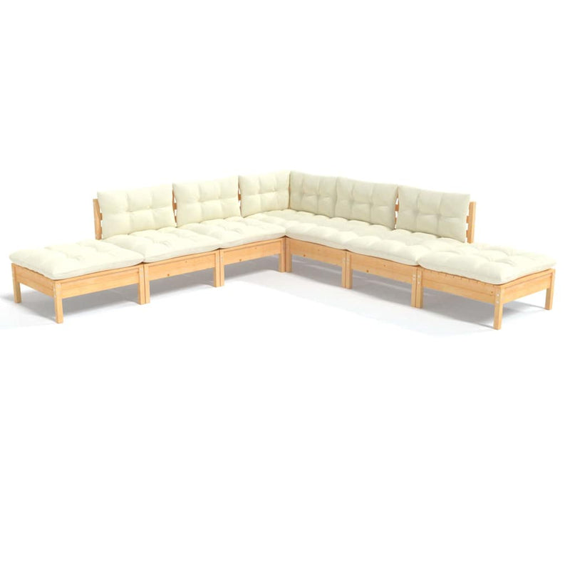 Set mobilier grădină cu perne crem, 7 piese, lemn de pin