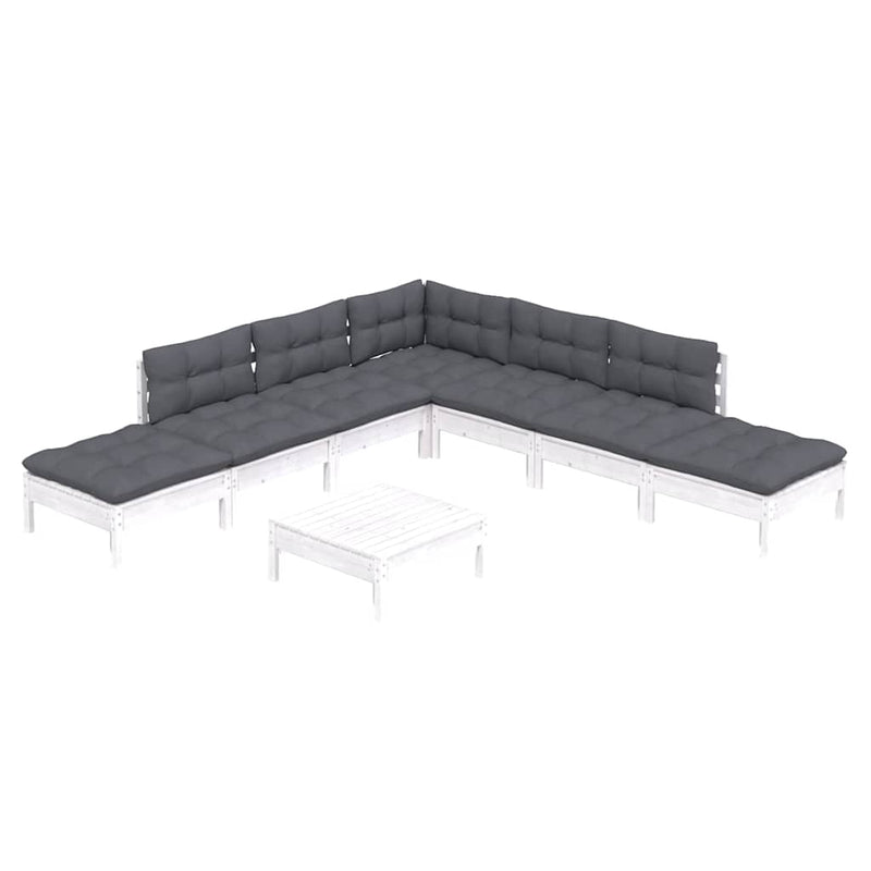 Set mobilier de grădină cu perne, 8 piese, alb, lemn de pin