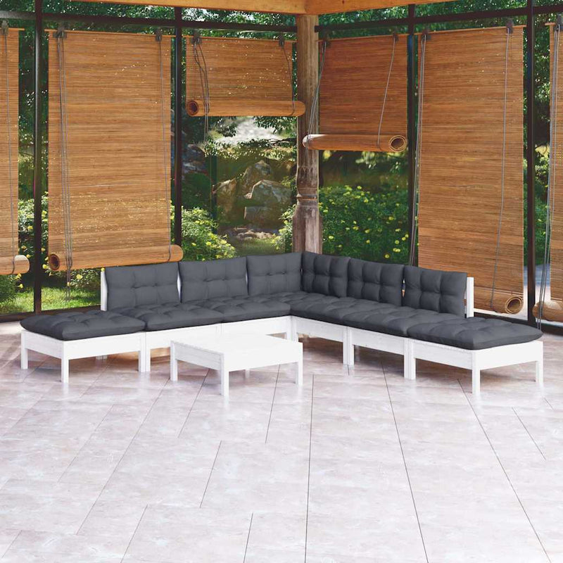 Set mobilier de grădină cu perne, 8 piese, alb, lemn de pin