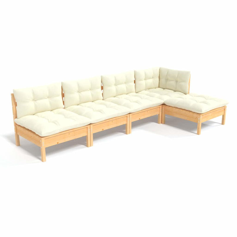 Set mobilier grădină cu perne crem, 5 piese, lemn de pin
