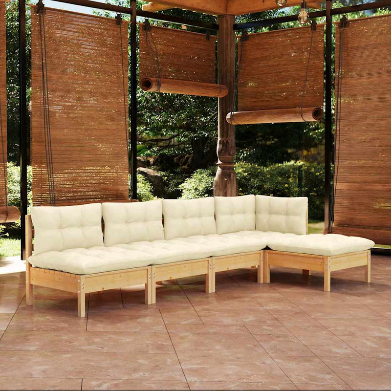 Set mobilier grădină cu perne crem, 5 piese, lemn de pin