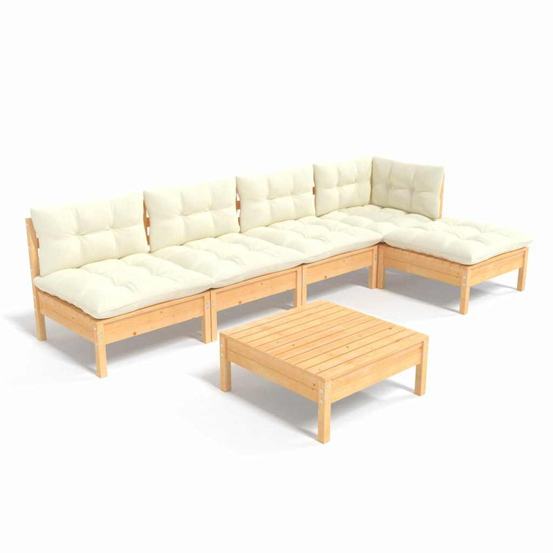 Set mobilier grădină cu perne crem, 6 piese, lemn de pin