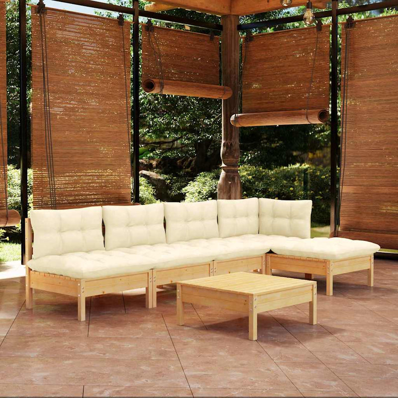 Set mobilier grădină cu perne crem, 6 piese, lemn de pin