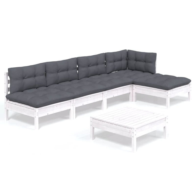 Set mobilier de grădină cu perne, 6 piese, alb, lemn de pin