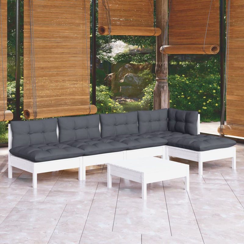 Set mobilier de grădină cu perne, 6 piese, alb, lemn de pin