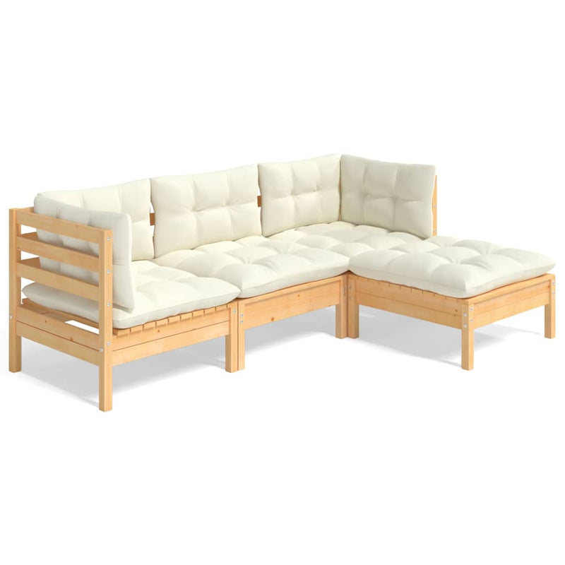 Set mobilier grădină cu perne, 4 piese, crem, lemn de pin