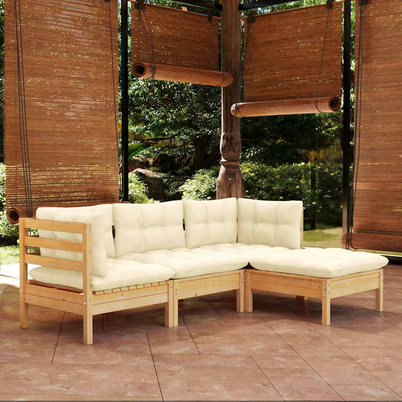 Set mobilier grădină cu perne, 4 piese, crem, lemn de pin